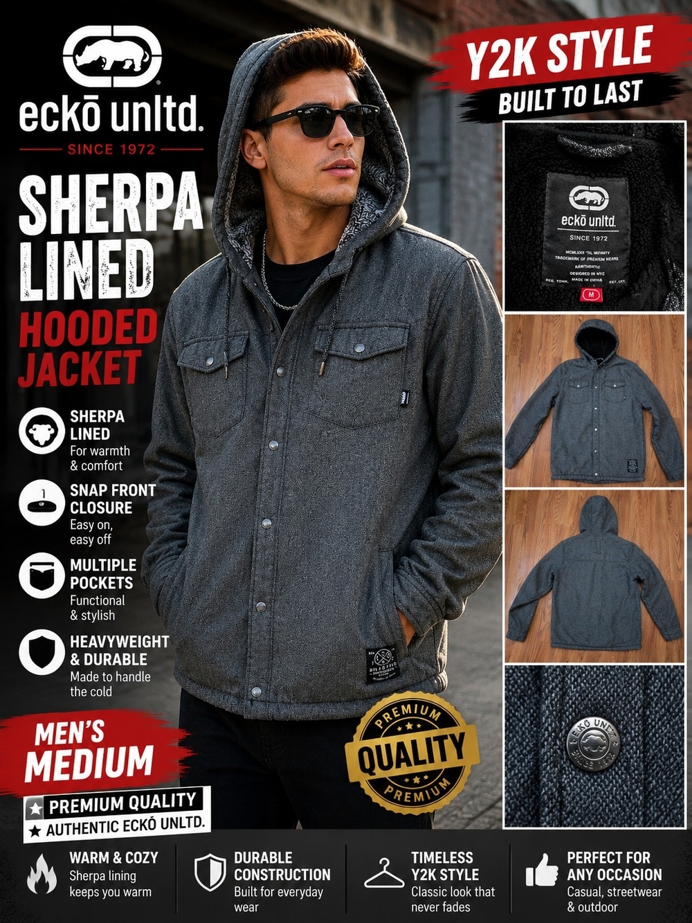 Eckō Unltd Hooded Shirt Jacket Men's Medium Gray Sherpa Lined Snap Front Heavy